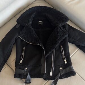 Zara Black Sherpa Moto Jacket with Silver Accents